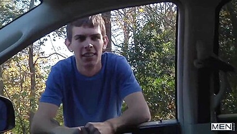 Blue T-shirt Twink Sucking Cock In The Car
