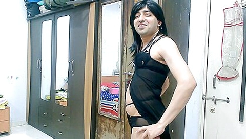 Sissy Crossdresser Femboy In Black Lingerie With Sexy Sheer Designer Pantie Inside It