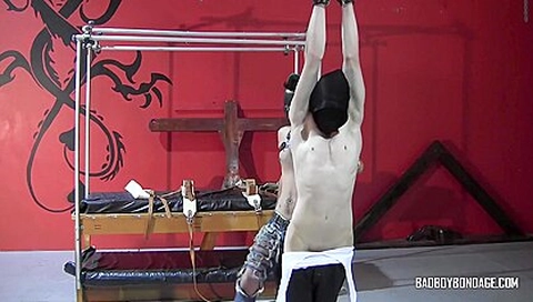 Skinny Tied Is Tied Up With A Mask Over His Head And Tormented